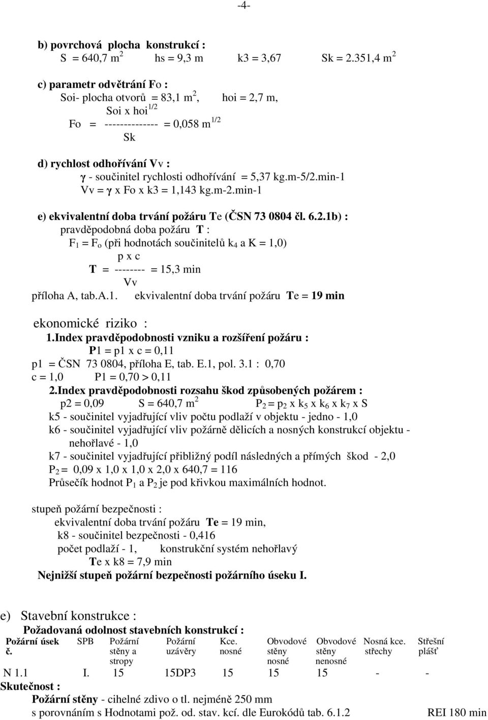 5,37 kg.m-5/2.min-1 Vv = γ x Fo x k3 = 1,143 kg.m-2.min-1 e) ekvivalentní doba trvání požáru Te (ČSN 73 0804 čl. 6.2.1b) : pravděpodobná doba požáru T : F 1 = F o (při hodnotách součinitelů k 4 a K = 1,0) p x c T = -------- = 15,3 min Vv příloha A, tab.