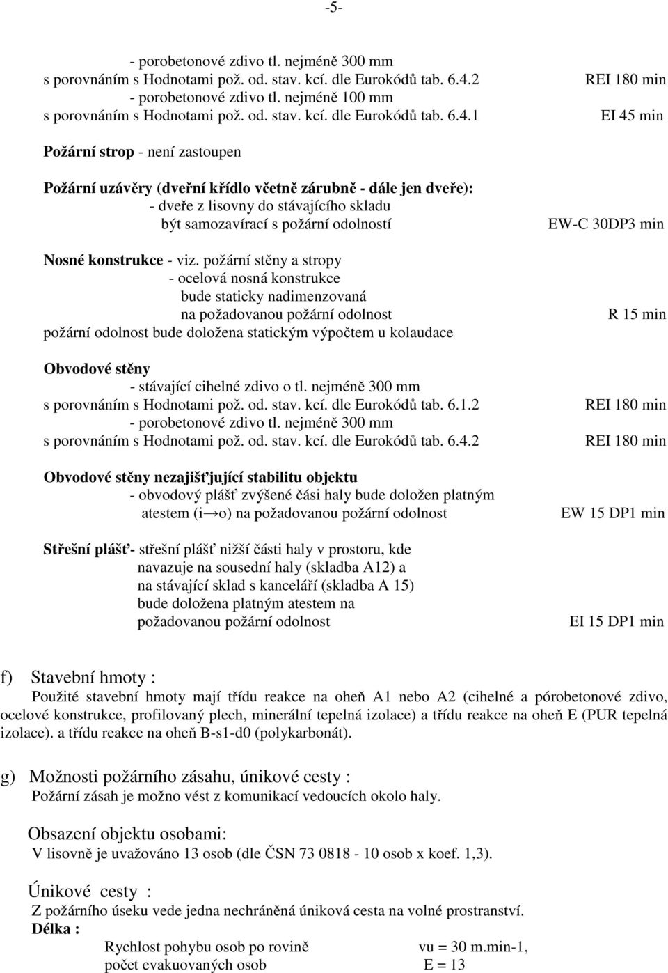 1 REI 180 min EI 45 min Požární strop - není zastoupen Požární uzávěry (dveřní křídlo včetně zárubně - dále jen dveře): - dveře z lisovny do stávajícího skladu být samozavírací s požární odolností