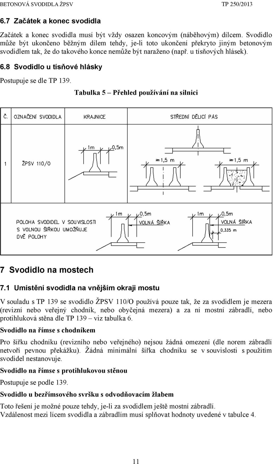 8 Svodidlo u tísňové hlásky Postupuje se dle TP 139. Tabulka 5 Přehled používání na silnici 7 Svodidlo na mostech 7.