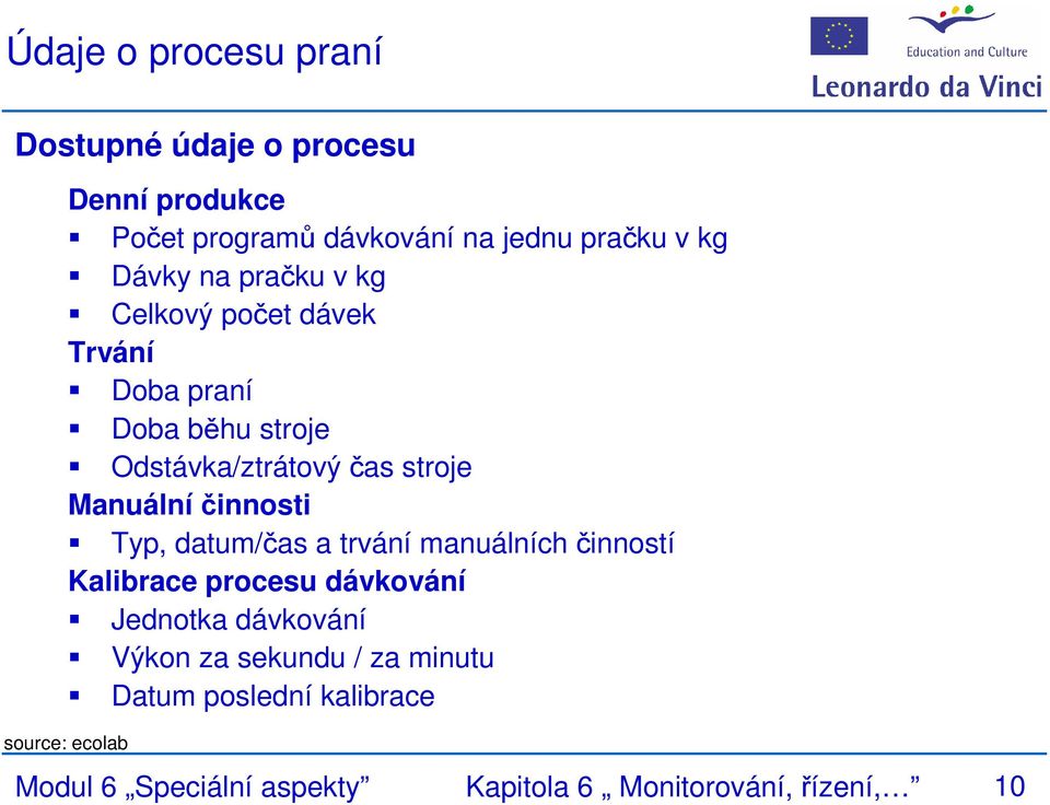 Manuální činnosti Typ, datum/čas a trvání manuálních činností Kalibrace procesu dávkování Jednotka dávkování