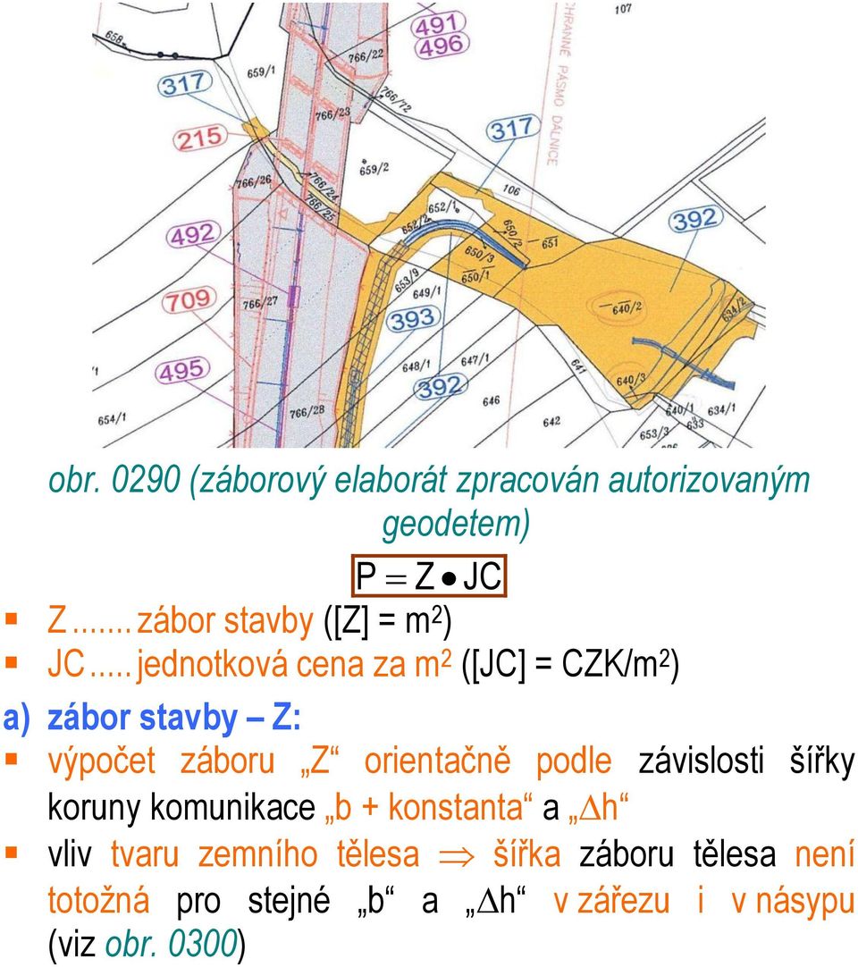 .. jednotková cena za m 2 ([JC] = CZK/m 2 ) a) zábor stavby Z: výpočet záboru Z orientačně