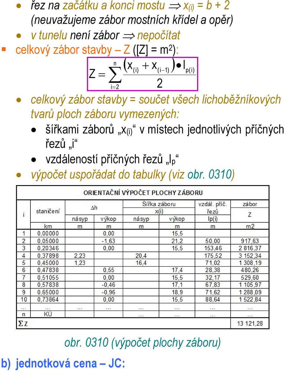 lichoběžníkových tvarů ploch záboru vymezených: šířkami záborů x(i) v místech jednotlivých příčných řezů i