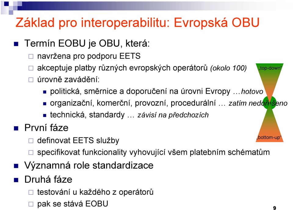 provozní, procedurální zatím nedořešeno technická, standardy závisí na předchozích První fáze definovat EETS služby specifikovat