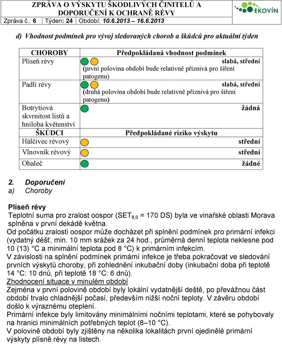 patogenu) žádná Předpokládané riziko výskytu střední střední žádné 2.