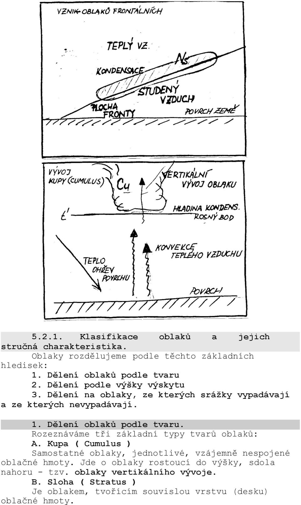 Dělení oblaků podle tvaru. Rozeznáváme tři základní typy tvarů oblaků: A.