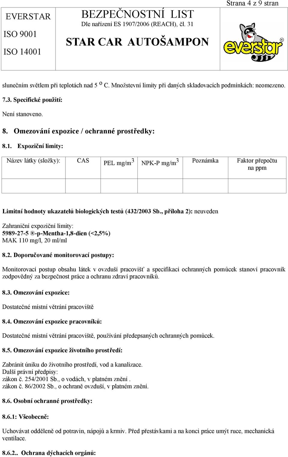 Expoziční limity: Název látky (složky): CAS PEL mg/m 3 NPK-P mg/m 3 Poznámka Faktor přepočtu na ppm Limitní hodnoty ukazatelů biologických testů (432/2003 Sb.