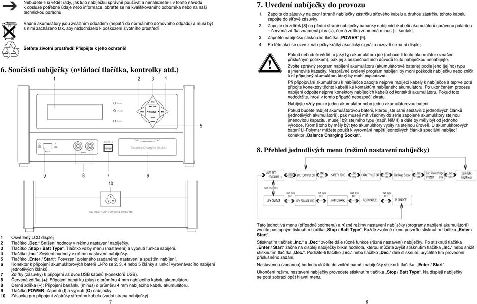 Přispějte k jeho ochraně! 6. Součásti nabíječky (ovládací tlačítka, kontrolky atd.) 7. Uvedení nabíječky do provozu 1.