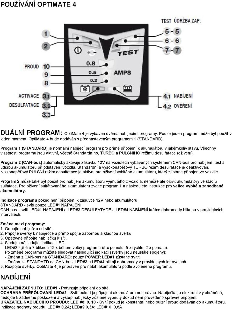 Všechny vlastnosti programu jsou aktivní, včetně Standardního, TURBO a PULSNÍHO reţimu desulfatace (oţivení).