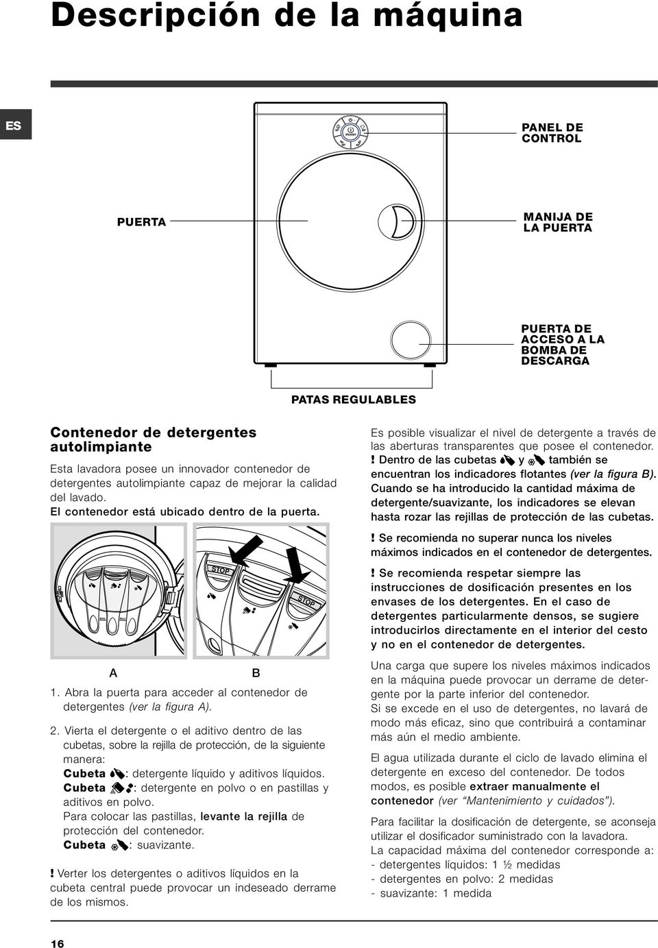 Abra la puerta para acceder al contenedor de detergentes (ver la figura A). STOP 2.