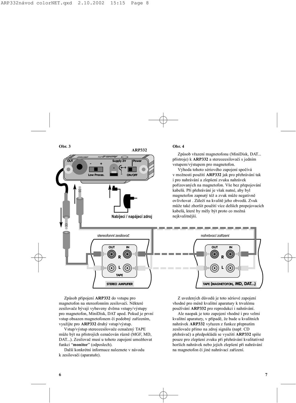 .. pøístroje) k ARP332 a stereozesilovaèi s jedním vstupem/výstupem pro magnetofon.