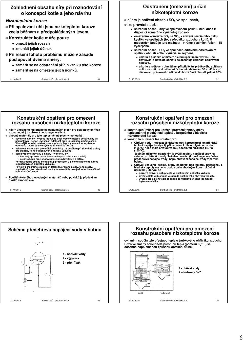na omezení jejich účinků. 31.10.2015 Stavba kotlů - přednáška č. 5 31 Odstranění (omezení) příčin nízkoteplotní koroze cílem je snížení obsahu SO 3 ve spalinách, lze provést např.