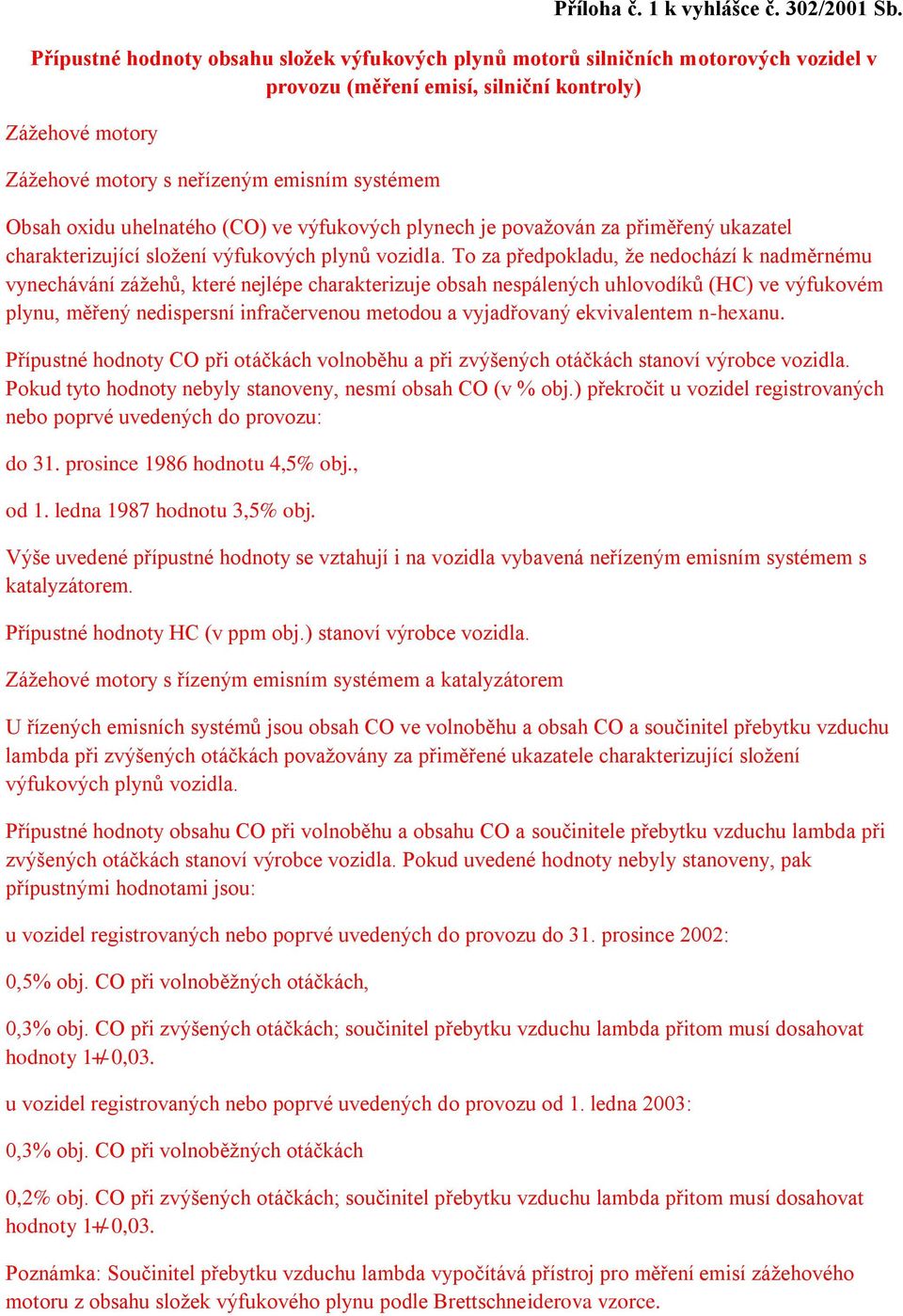 oxidu uhelnatého (CO) ve výfukových plynech je považován za přiměřený ukazatel charakterizující složení výfukových plynů vozidla.