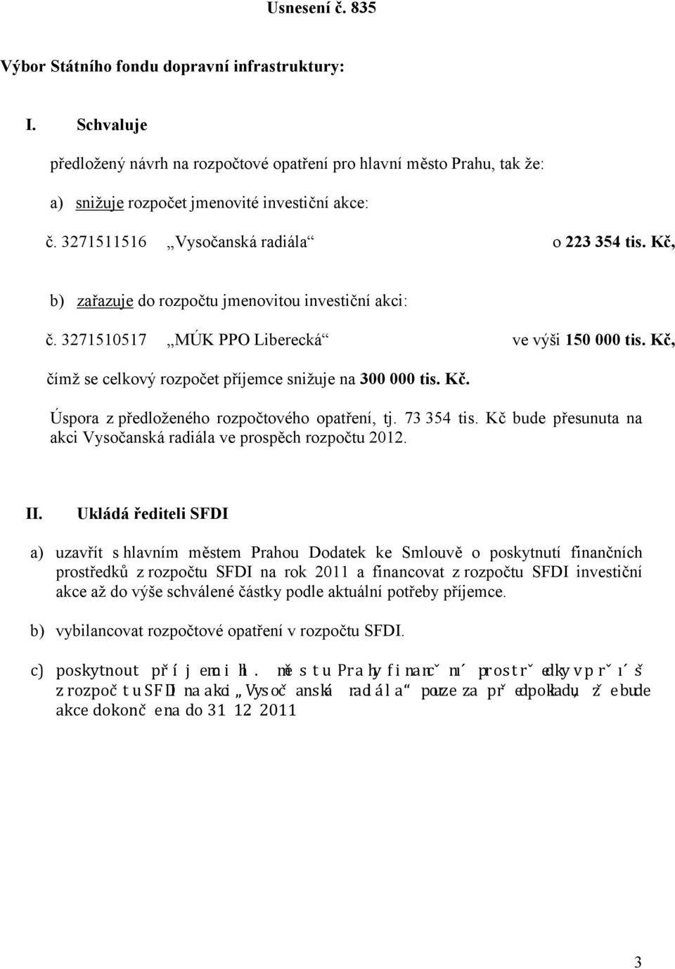 73 354 tis. Kč bude přesunuta na akci Vysočanská radiála ve prospěch rozpočtu 202. II.