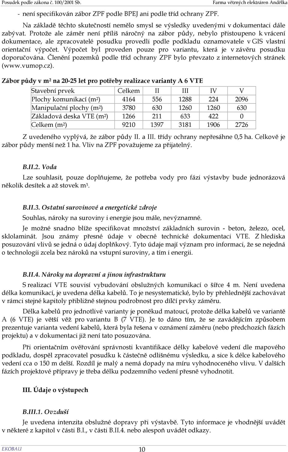 Výpočet byl proveden pouze pro variantu, která je v závěru posudku doporučována. Členění pozemků podle tříd ochrany ZPF bylo převzato z internetových stránek (www.vumop.cz).