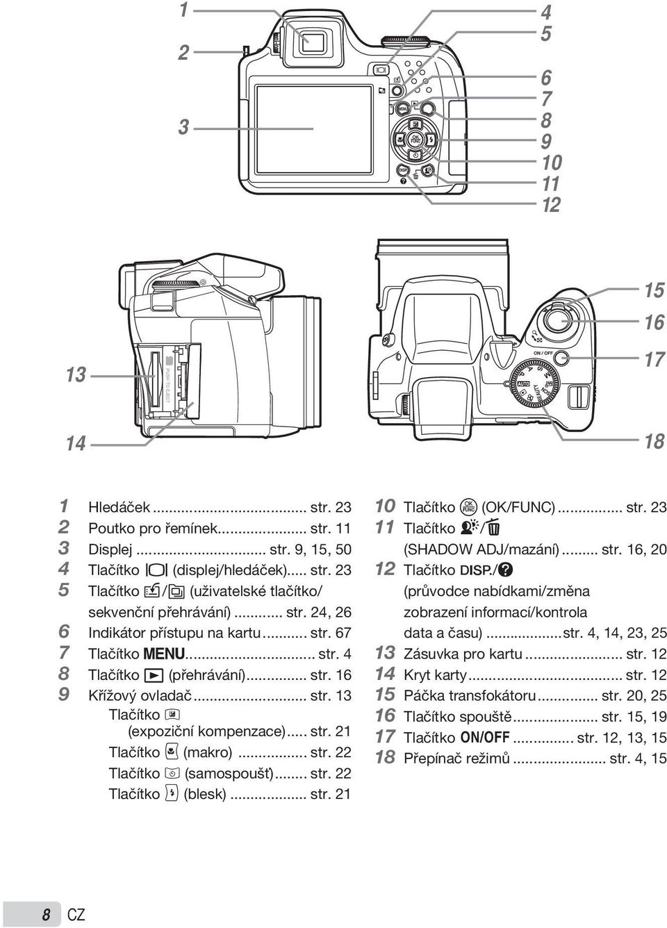 .. str. 22 Tlačítko 8 (samospoušť)... str. 22 Tlačítko : (blesk)... str. 21 10 Tlačítko o (OK/FUNC)... str. 23 11 Tlačítko f/d (SHADOW ADJ/mazání)... str. 16, 20 12 Tlačítko g/e (průvodce nabídkami/změna zobrazení informací/kontrola data a času).