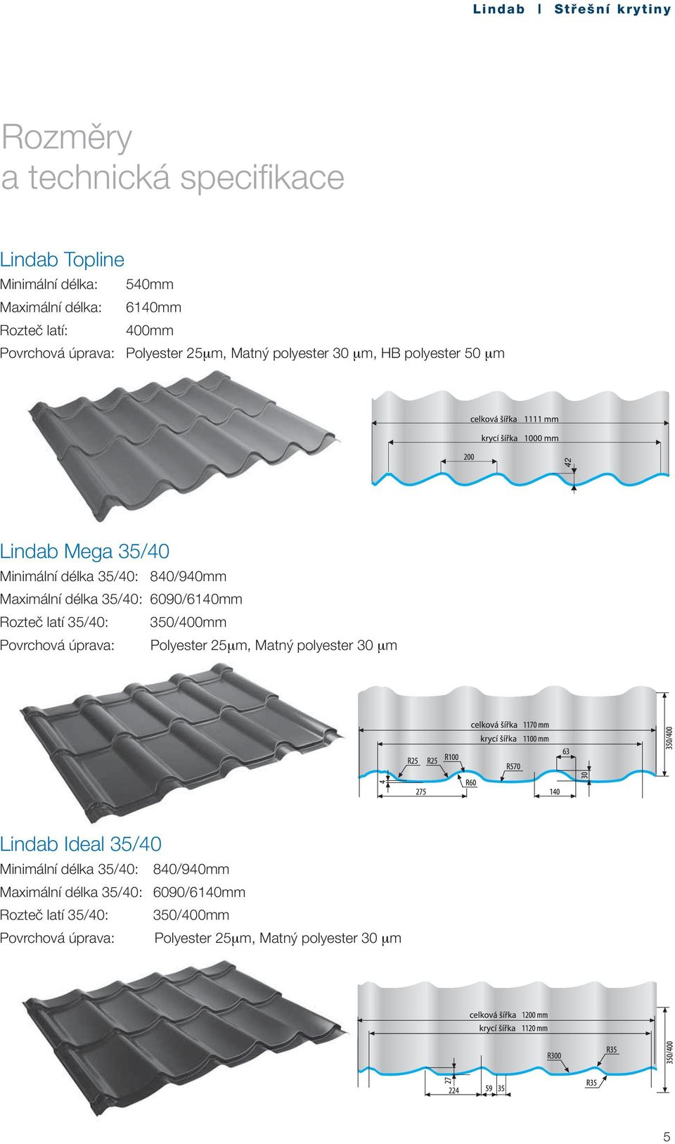 6090/6140mm Rozteč latí 35/40: 350/400mm Povrchová úprava: Polyester 25μm, Matný polyester 30 μm Lindab Ideal 35/40 Minimální délka