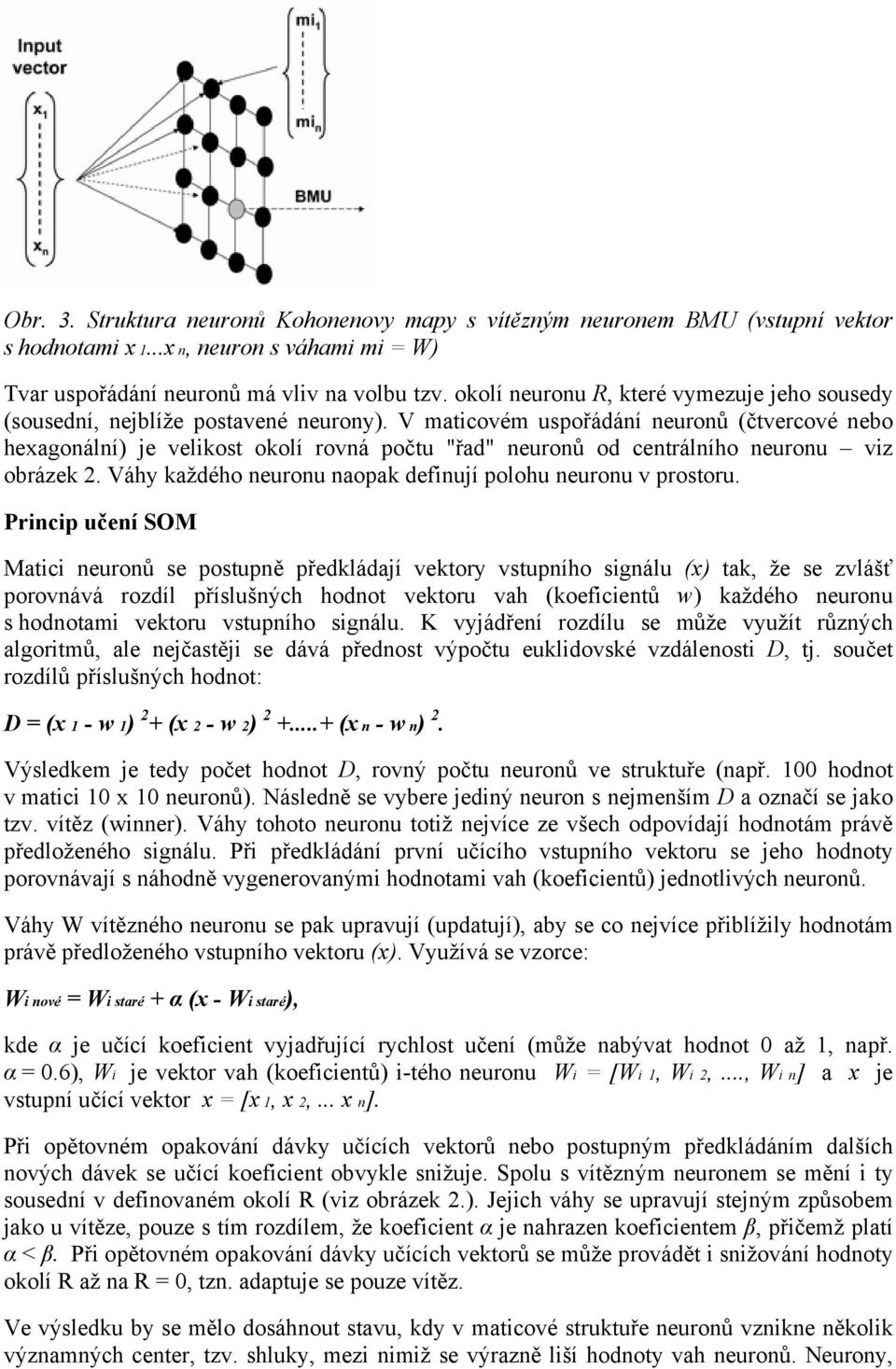 V maticovém uspořádání neuronů (čtvercové nebo hexagonální) je velikost okolí rovná počtu "řad" neuronů od centrálního neuronu viz obrázek 2.