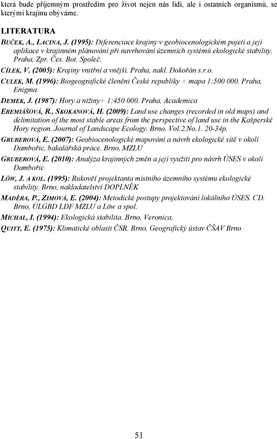 (2005): Krajiny vnitřní a vnější. Praha, nakl. Dokořán s.r.o. CULEK, M. (1996): Biogeografické členění České republiky + mapa 1:500 000. Praha, Enigma DEMEK, J. (1987): Hory a nížiny+ 1:450 000.