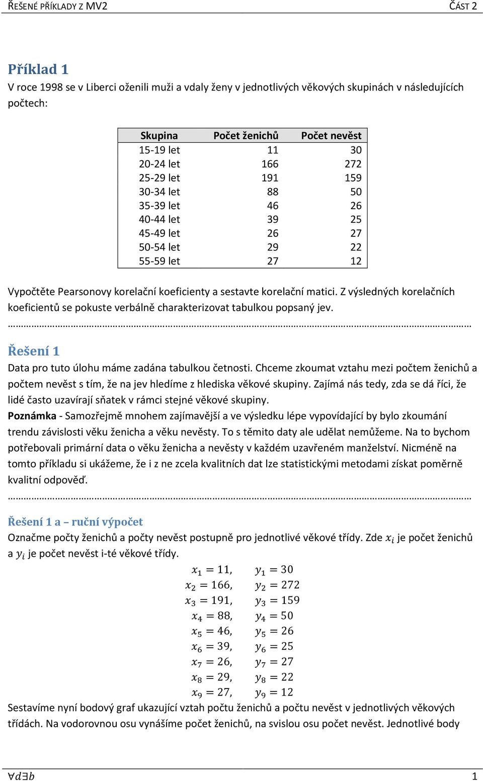 Z výsledných korelačních koeficientů se pokuste verbálně charakterizovat tabulkou popsaný jev. Řešení 1 Data pro tuto úlohu máme zadána tabulkou četnosti.