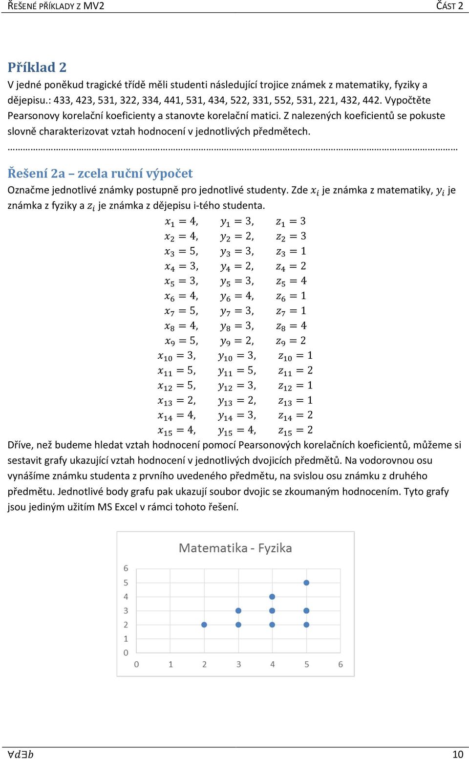 Řešení 2a zcela ruční výpočet Označme jednotlivé známky postupně pro jednotlivé studenty. Zde je známka z matematiky, je známka z fyziky a 1 je známka z dějepisu i-tého studenta.