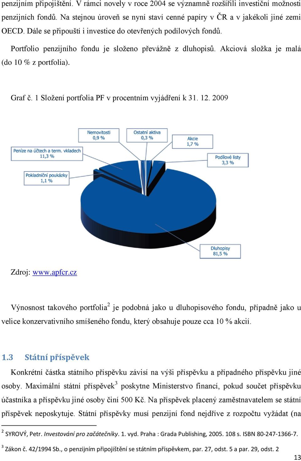 1 Složení portfolia PF v procentním vyjádření k 31. 12. 2009 Zdroj: www.apfcr.