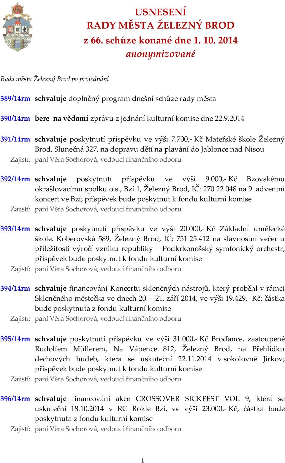 700,- Kč Mateřské škole Železný Brod, Slunečná 327, na dopravu dětí na plavání do Jablonce nad Nisou 392/14rm schvaluje poskytnutí příspěvku ve výši 9.000,- Kč Bzovskému okrašlovacímu spolku o.s., Bzí 1, Železný Brod, IČ: 270 22 048 na 9.