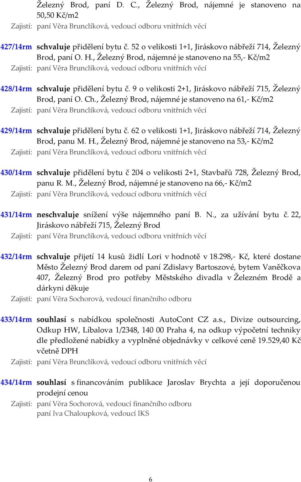 , Železný Brod, nájemné je stanoveno na 61,- Kč/m2 429/14rm schvaluje přidělení bytu č. 62 o velikosti 1+1, Jiráskovo nábřeží 714, Železný Brod, panu M. H.