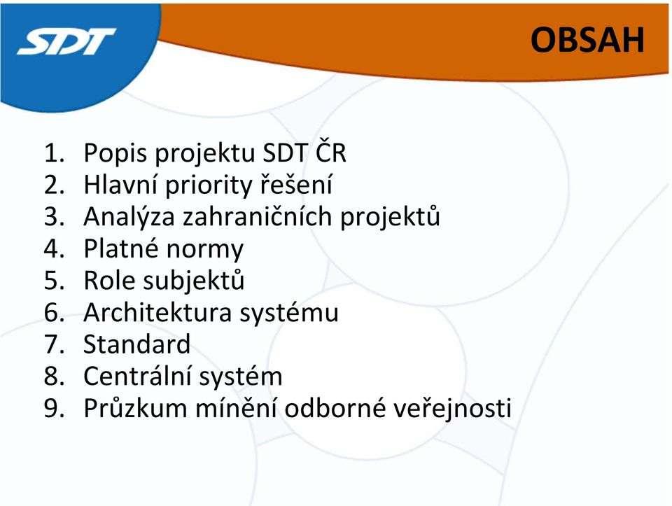 Role subjektů 6. Architektura systému 7. Standard 8.