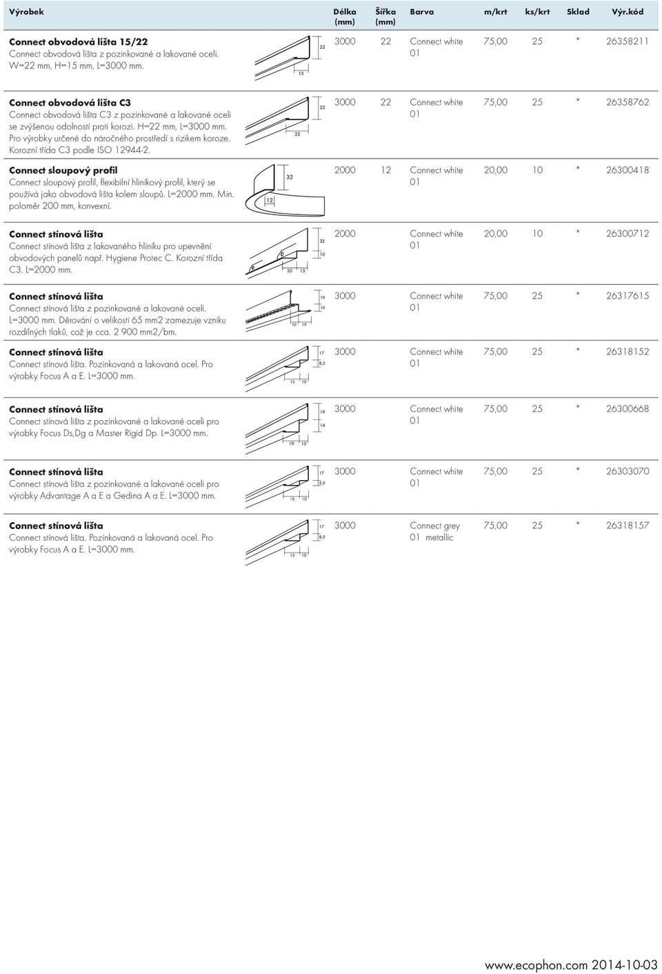 L=2000 Min. poloměr 200 mm, konvexní. 2000 12 Connect white 75,00 25 * 26358762 20,00 10 * 26300418 z lakovaného hliníku pro upevnění obvodových panelů např. Hygiene Protec C. Korozní třída C3.