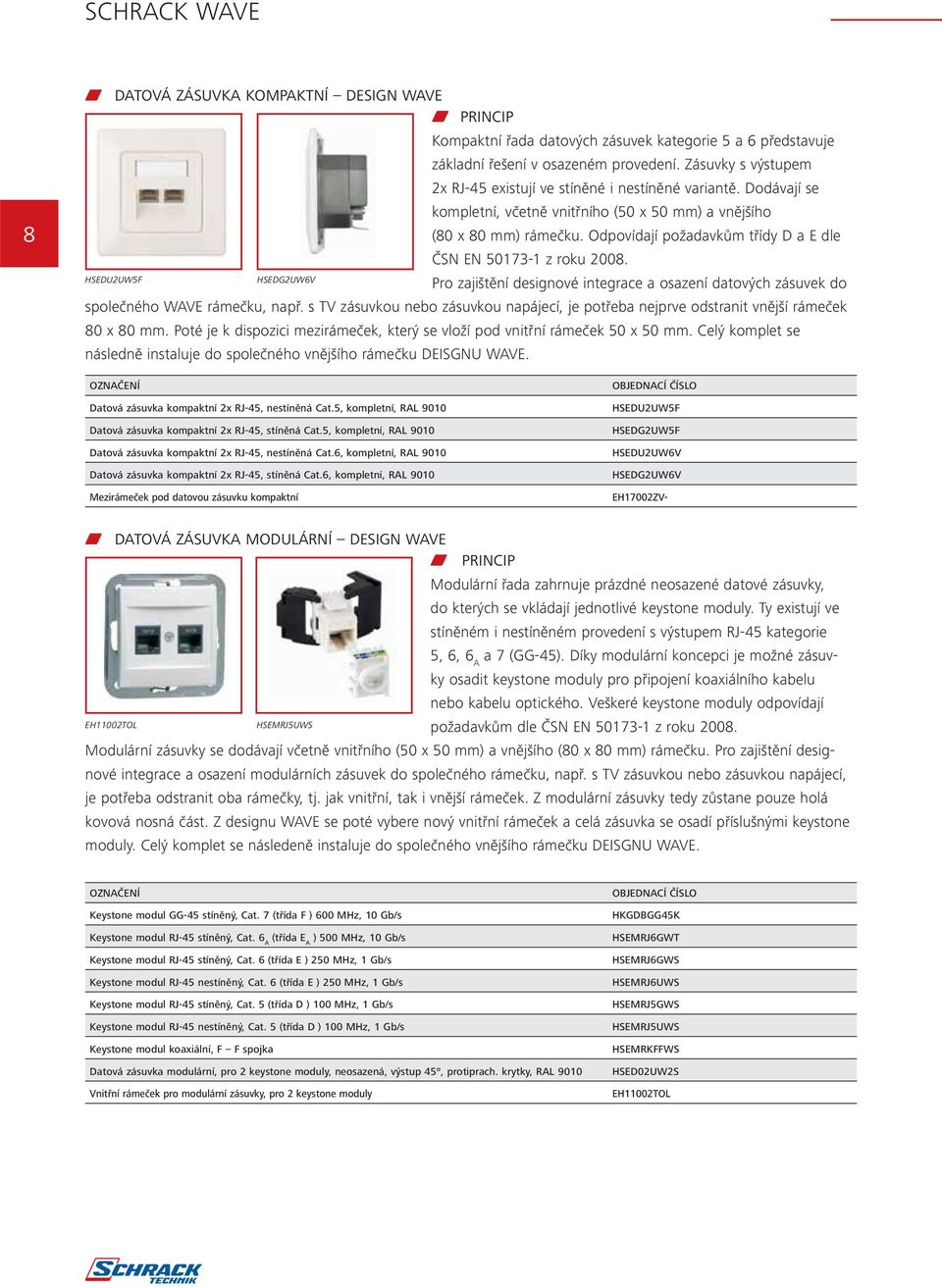 Odpovídají požadavkům třídy D a E dle ČSN EN 507- z roku 008. HSEDUUW5F HSEDGUW6V Pro zajištění designové integrace a osazení datových zásuvek do společného WAVE rámečku, např.