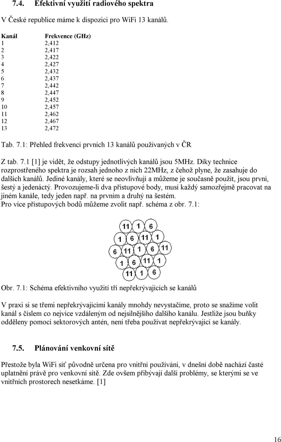 7.1 [1] je vidět, že odstupy jednotlivých kanálů jsou 5MHz. Díky technice rozprostřeného spektra je rozsah jednoho z nich 22MHz, z čehož plyne, že zasahuje do dalších kanálů.