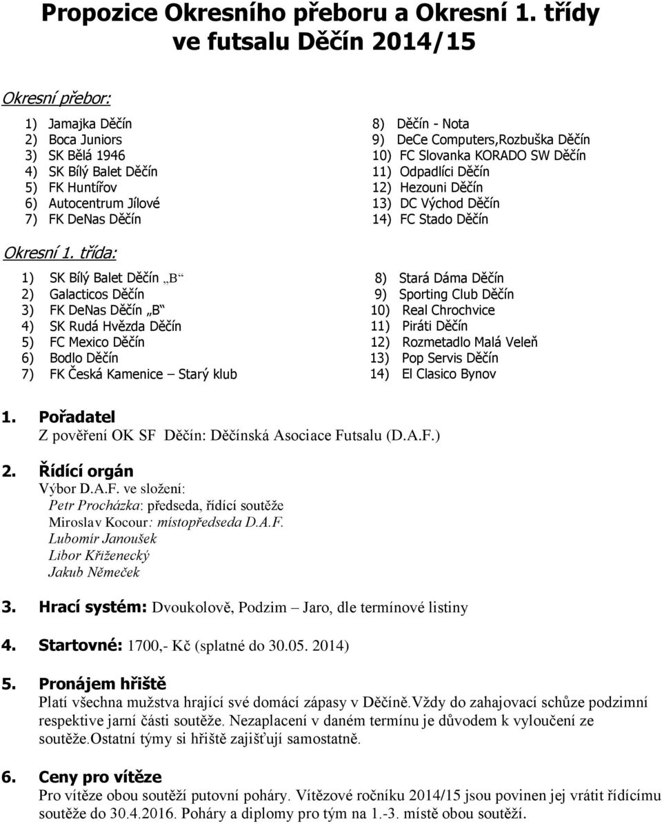 třída: 1) SK Bílý Balet Děčín B 2) Galacticos Děčín 3) FK DeNas Děčín B 4) SK Rudá Hvězda Děčín 5) FC Mexico Děčín 6) Bodlo Děčín 7) FK Česká Kamenice Starý klub 8) Děčín - Nota 9) DeCe