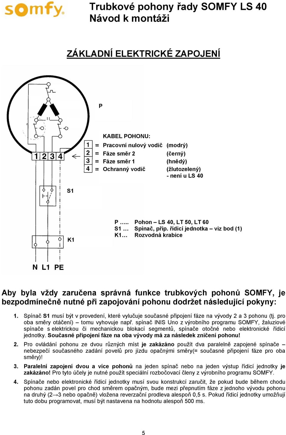 řídicí jednotka viz bod (1) K1 Rozvodná krabice Aby byla vždy zaručena správná funkce trubkových pohonů SOMFY, je bezpodmínečně nutné při zapojování pohonu dodržet následující pokyny: 1.