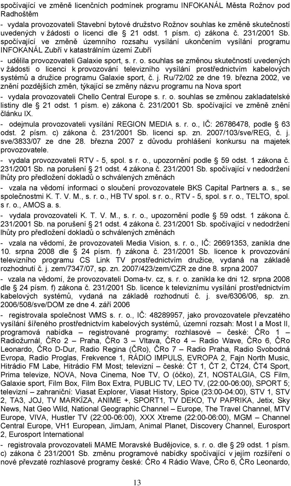 spočívající ve změně územního rozsahu vysílání ukončením vysílání programu INFOKANÁL Zubří v katastrálním území Zubří - udělila provozovateli Galaxie sport, s. r. o.