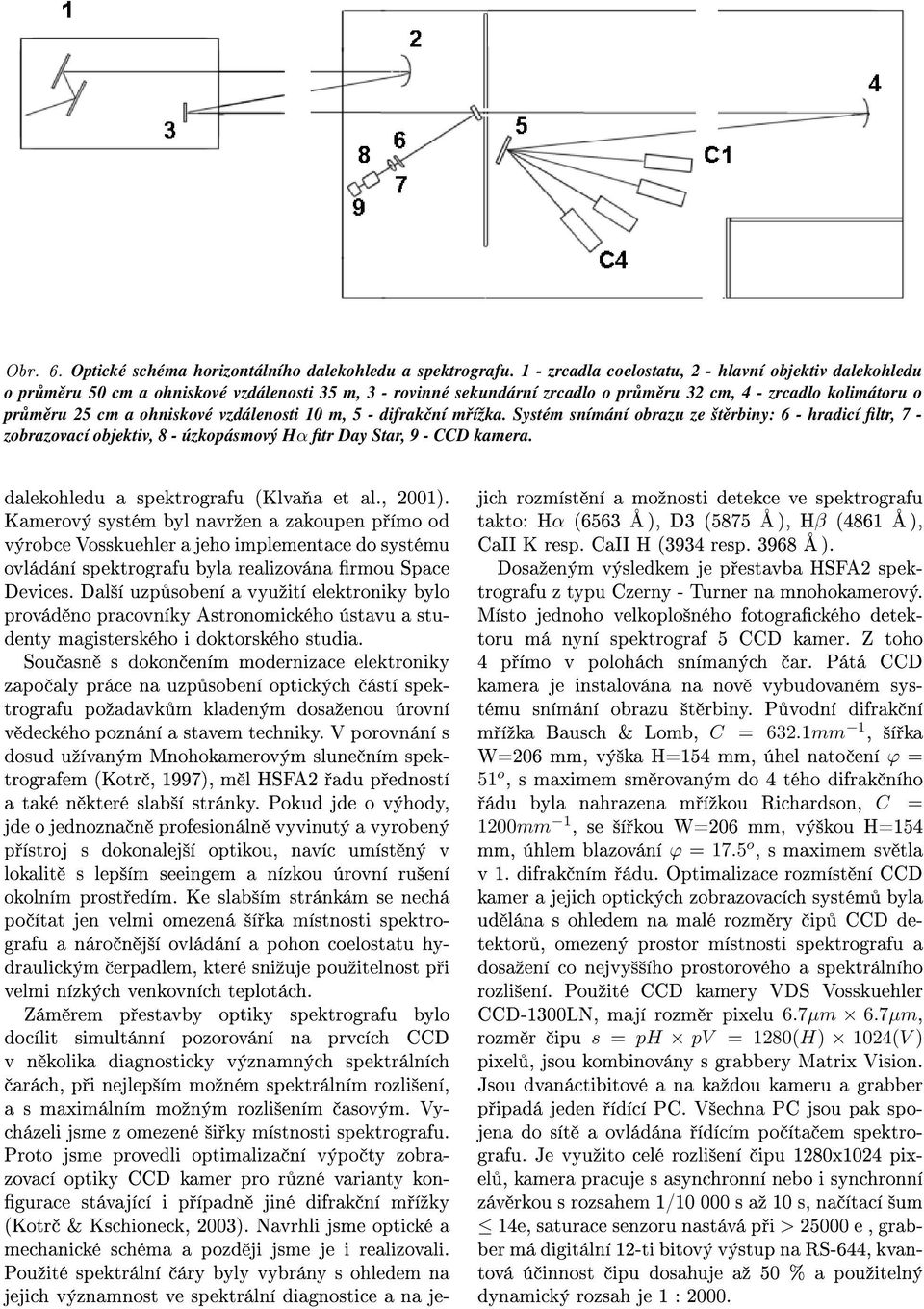 ohniskové vzdálenosti 10 m, 5 - difrakční mřížka. Systém snímání obrazu ze štěrbiny: 6 - hradicí filtr, 7 - zobrazovací objektiv, 8 - úzkopásmový Hα fitr Day Star, 9 - CCD kamera.