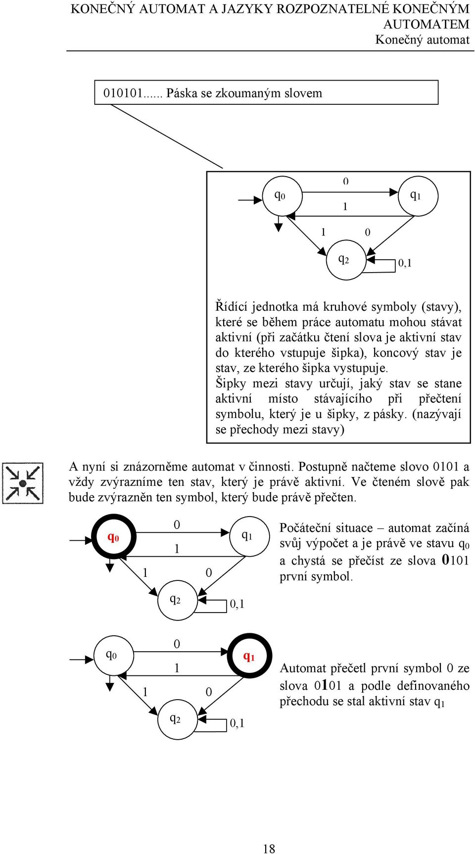 vstupuje šipka), koncový stav je stav, ze kterého šipka vystupuje. Šipky mezi stavy určují, jaký stav se stane aktivní místo stávajícího při přečtení symbolu, který je u šipky, z pásky.