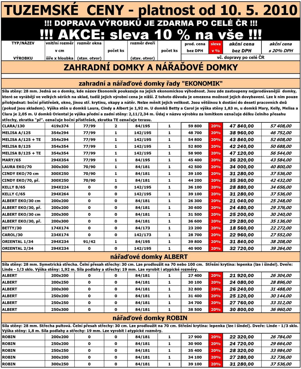 cena sleva akční cena akční cena bez DPH v % bez DPH s 20% DPH Síla stěny: 28 mm. Jedná se o domky, kde název Ekonomik poukazuje na jejich ekonomickou výhodnost.