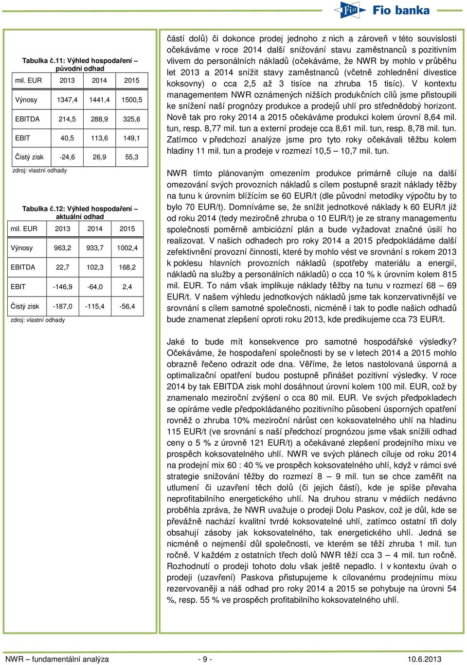 EUR 2013 2014 2015 Výnosy 963,2 933,7 1002,4 EBITDA 22,7 102,3 168,2 EBIT -146,9-64,0 2,4 Čistý zisk -187,0-115,4-56,4 zdroj: vlastní odhady částí dolů) či dokonce prodej jednoho z nich a zároveň v