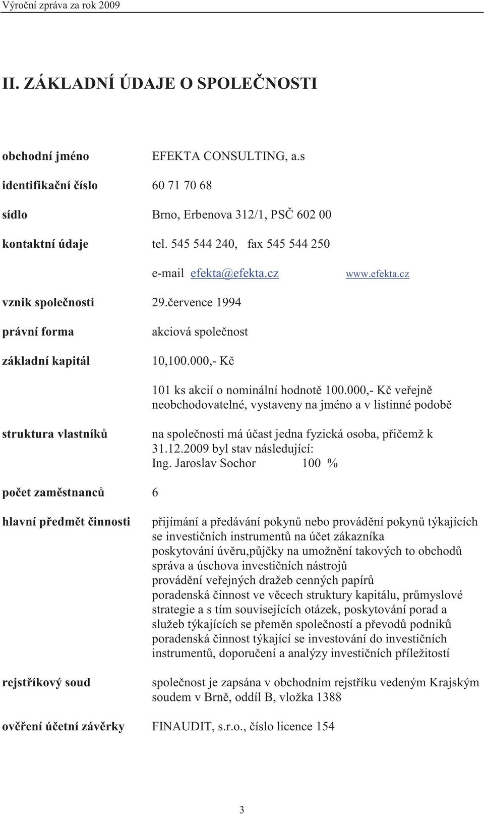 000,- K 101 ks akcií o nominální hodnot 100.000,- K ve ejn neobchodovatelné, vystaveny na jméno a v listinné podob struktura vlastník na spole nosti má ú ast jedna fyzická osoba, p i emž k 31.12.