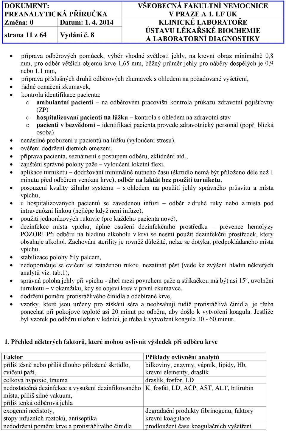 příprava příslušných druhů odběrových zkumavek s ohledem na požadované vyšetření, řádné označení zkumavek, kontrola identifikace pacienta: o ambulantní pacienti na odběrovém pracovišti kontrola