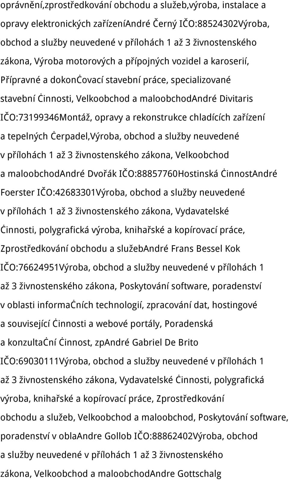 a služby neuvedené v přílohách 1 až 3 živnostenského zákona, Velkoobchod a maloobchodandré Dvořák IČO:88857760Hostinská činnostandré Foerster IČO:42683301Výroba, obchod a služby neuvedené v přílohách