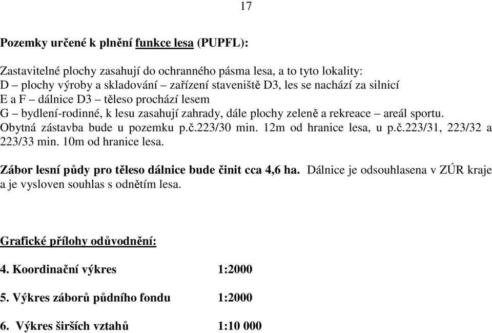 Obytná zástavba bude u pozemku p.č.223/30 min. 12m od hranice lesa, u p.č.223/31, 223/32 a 223/33 min. 10m od hranice lesa.