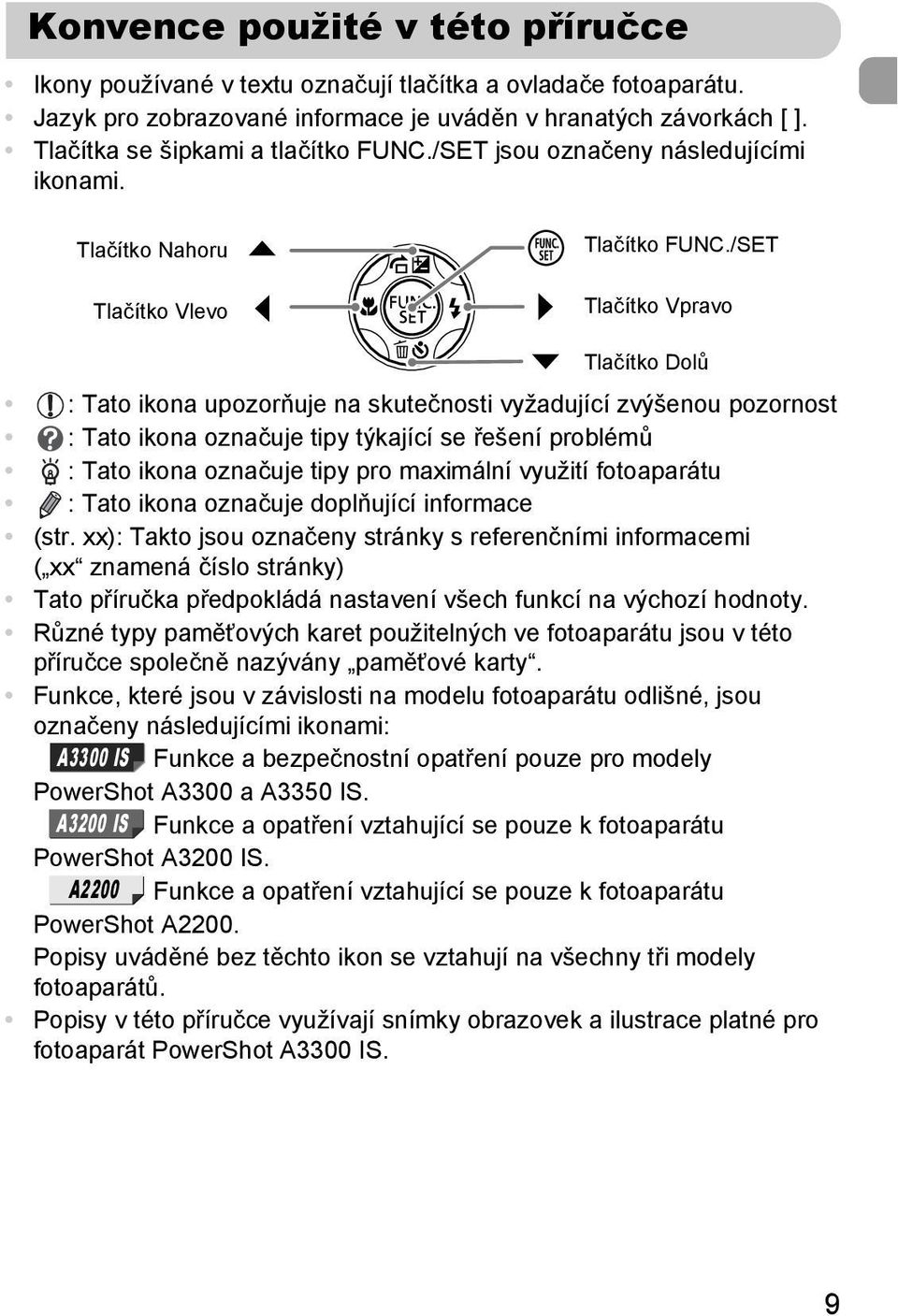 /SET Tlačítko Vpravo Tlačítko Dolů : Tato ikona upozorňuje na skutečnosti vyžadující zvýšenou pozornost : Tato ikona označuje tipy týkající se řešení problémů : Tato ikona označuje tipy pro maximální