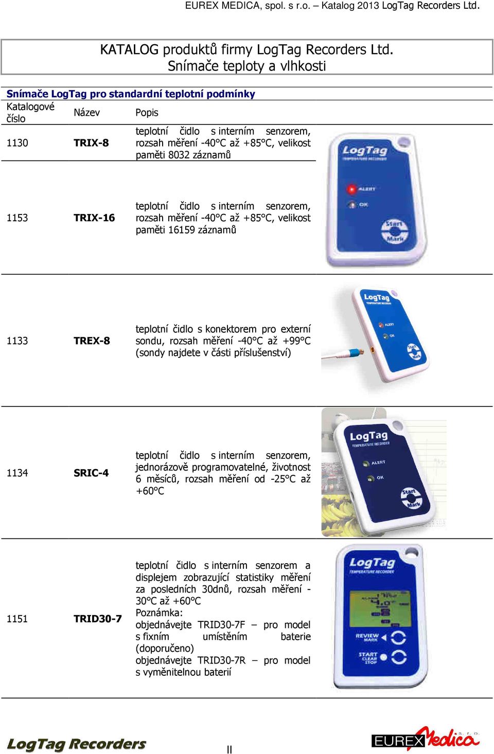 teplotní čidlo s interním senzorem, rozsah měření -40 C až +85 C, velikost paměti 16159 záznamů 1133 TREX-8 teplotní čidlo s konektorem pro externí sondu, rozsah měření -40 C až +99 C (sondy najdete