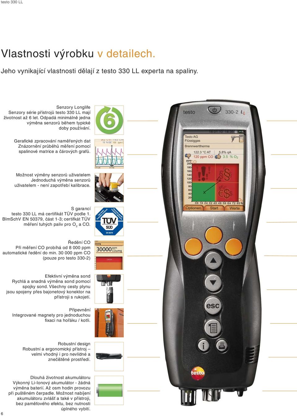 Možnost výměny senzorů uživatelem Jednoduchá výměna senzorů uživatelem - není zapotřebí kalibrace. S garancí testo 330 LL má certifikát TÜV podle 1.