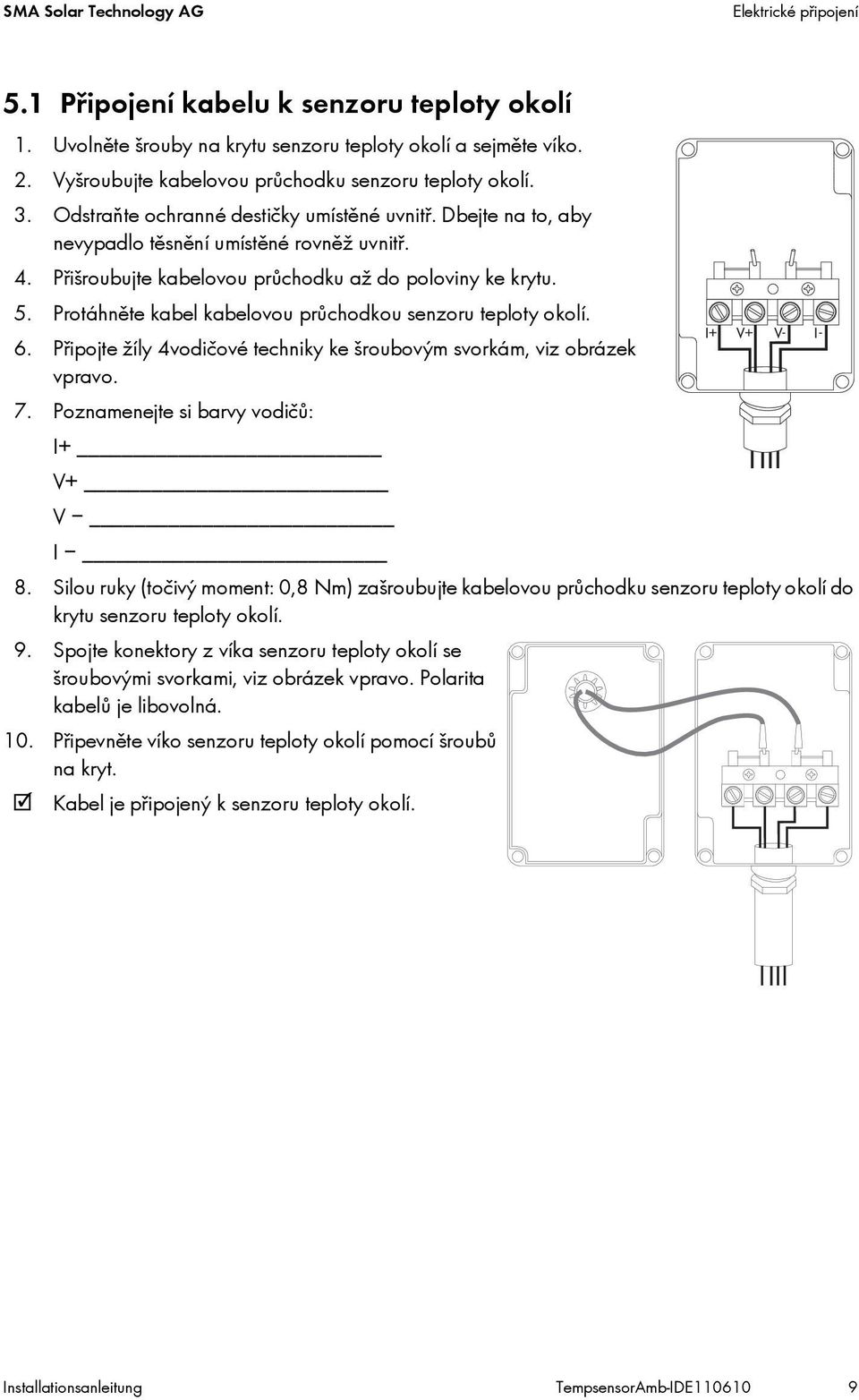 Přišroubujte kabelovou průchodku až do poloviny ke krytu. 5. Protáhněte kabel kabelovou průchodkou senzoru teploty okolí. 6. Připojte žíly 4vodičové techniky ke šroubovým svorkám, viz obrázek vpravo.