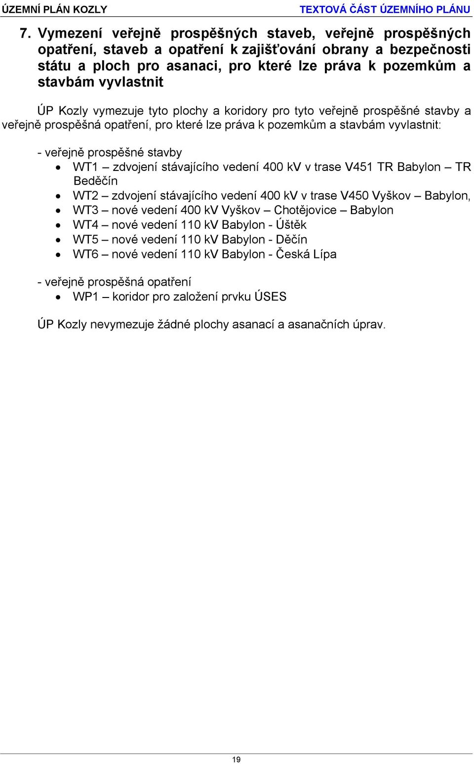 zdvojení stávajícího vedení 400 kv v trase V451 TR Babylon TR Beděčín WT2 zdvojení stávajícího vedení 400 kv v trase V450 Vyškov Babylon, WT3 nové vedení 400 kv Vyškov Chotějovice Babylon WT4 nové