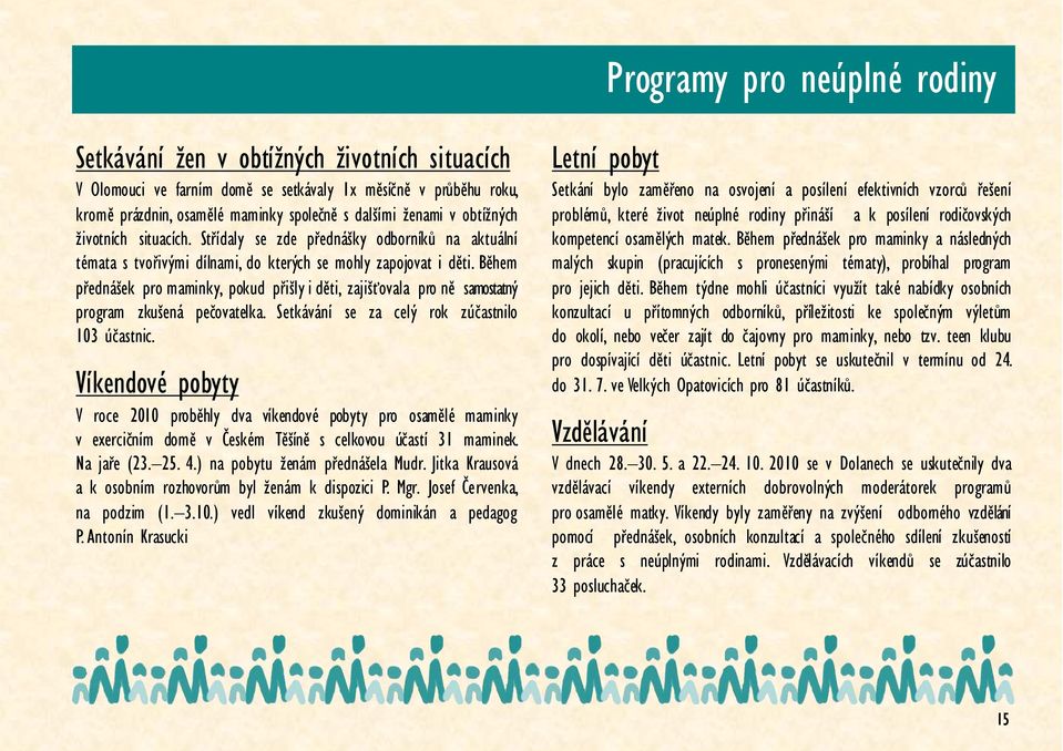 Během přednášek pro maminky, pokud přišly i děti, zajišťovala pro ně samostatný program zkušená pečovatelka. Setkávání se za celý rok zúčastnilo 103 účastnic.