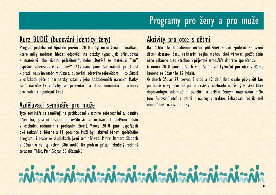 . 23 ženám jsme tak nabídli příležitost k práci na svém osobním růstu a budování zdravého sebevědomí i zkušenosti v otázkách péče o partnerský vztah v jeho každodenních nárocích.