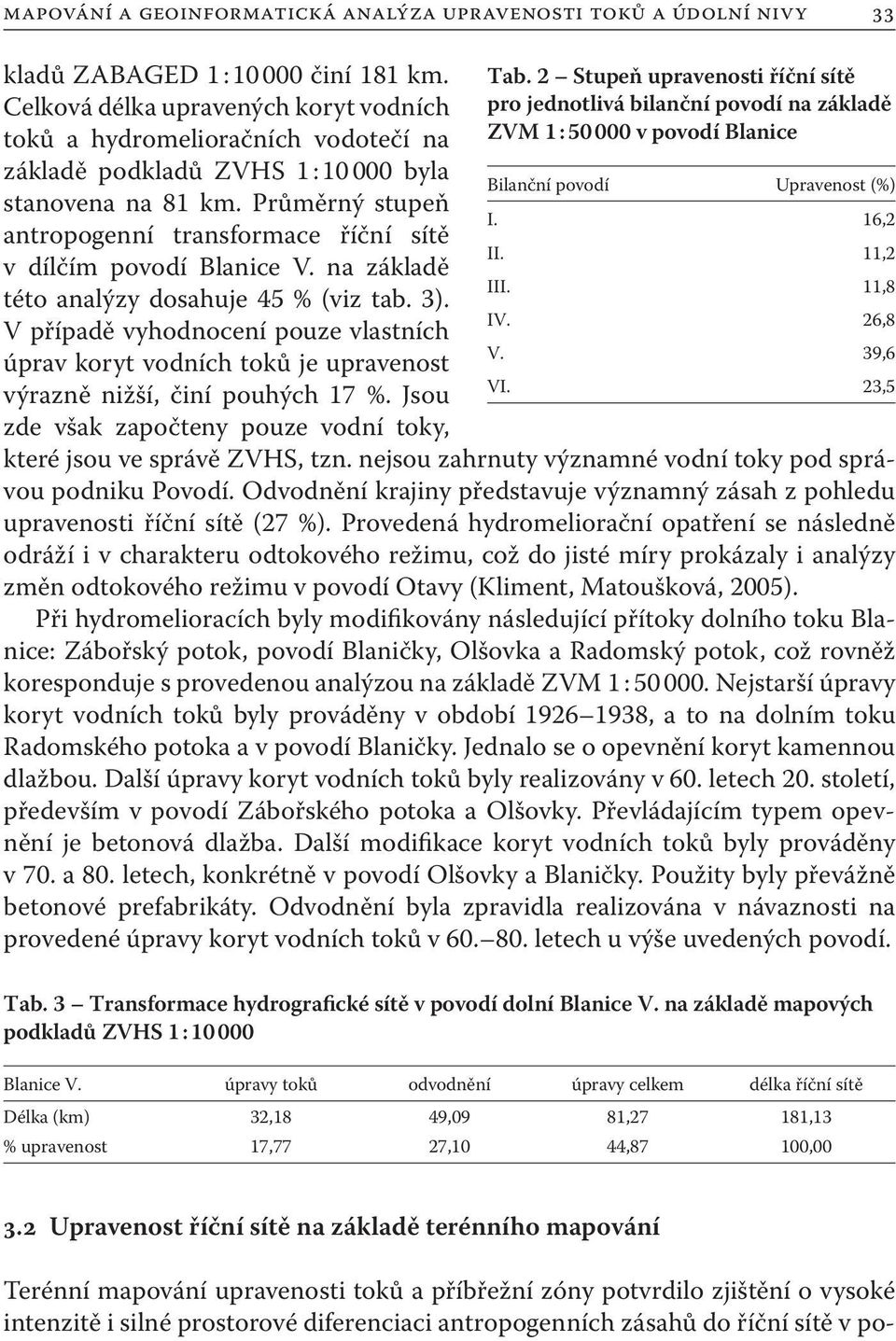 Průměrný stupeň antropogenní transformace říční sítě v dílčím povodí Blanice V. na základě této analýzy dosahuje 45 % (viz tab. 3).